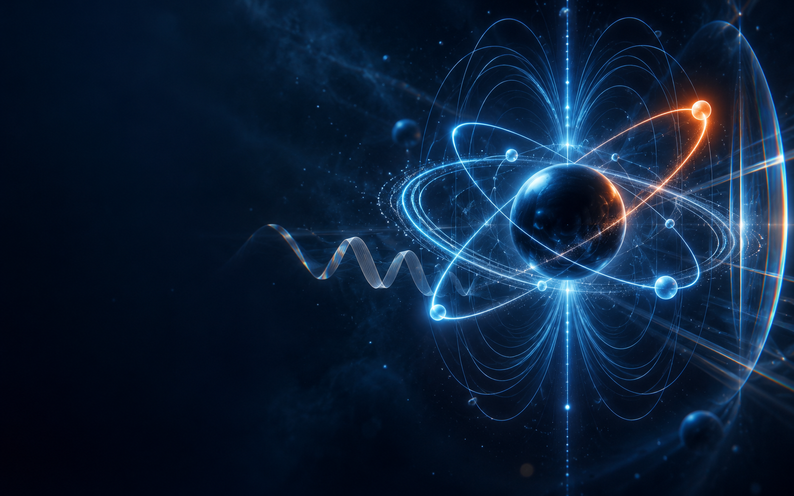 පරමාණුක කක්ෂ, ක්ෂේත්‍ර සහ තරංග නිරූපණය කරන Physics රූපයක්